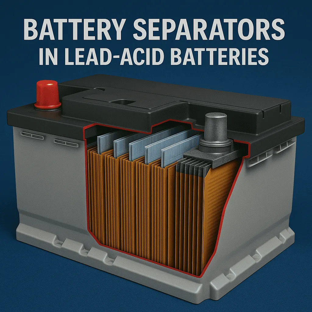 Cross-section view of a lead-acid battery showing the internal arrangement of battery separators between plates