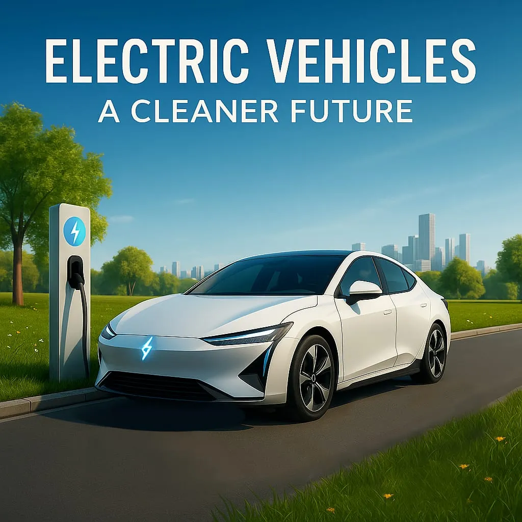 White electric car parked at a charging station with a city skyline in the background