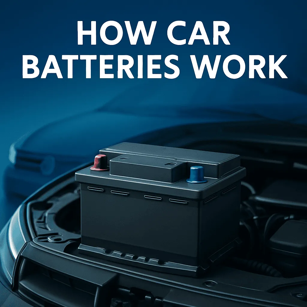 A car battery installed in a vehicle engine bay with red and blue terminals
