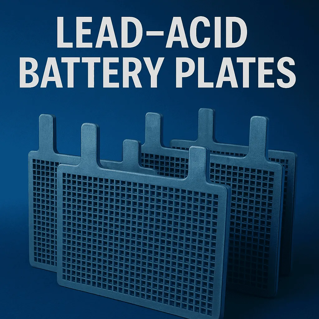 A series of blue lead-acid battery grid plates arranged in a row