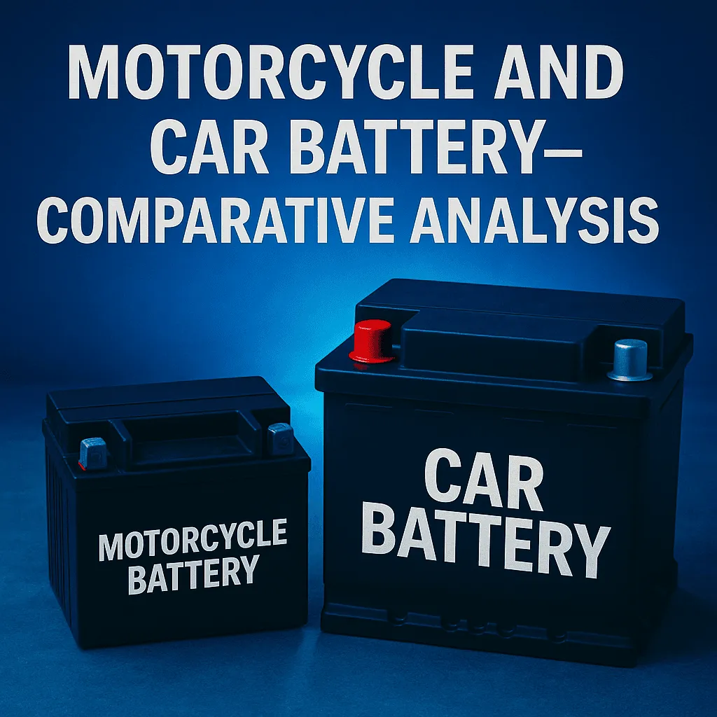 A small motorcycle battery and a larger car battery side by side against a blue background