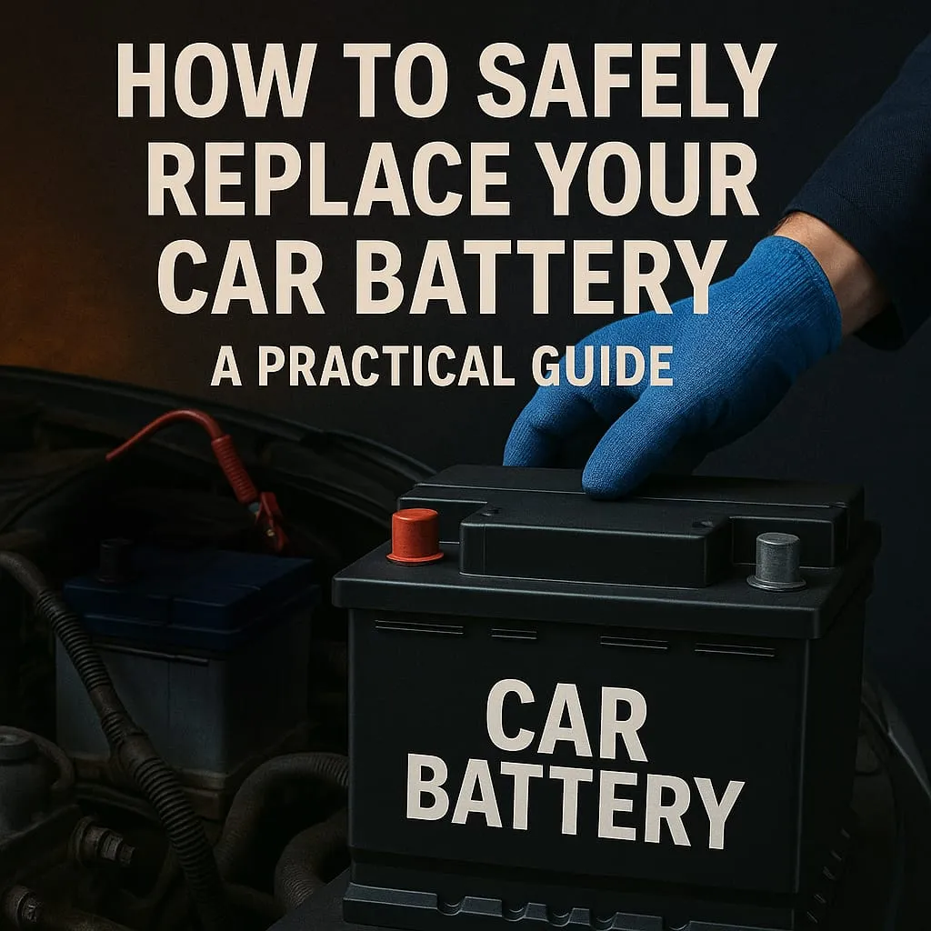 A person wearing a blue protective glove holding a new car battery over an open engine bay