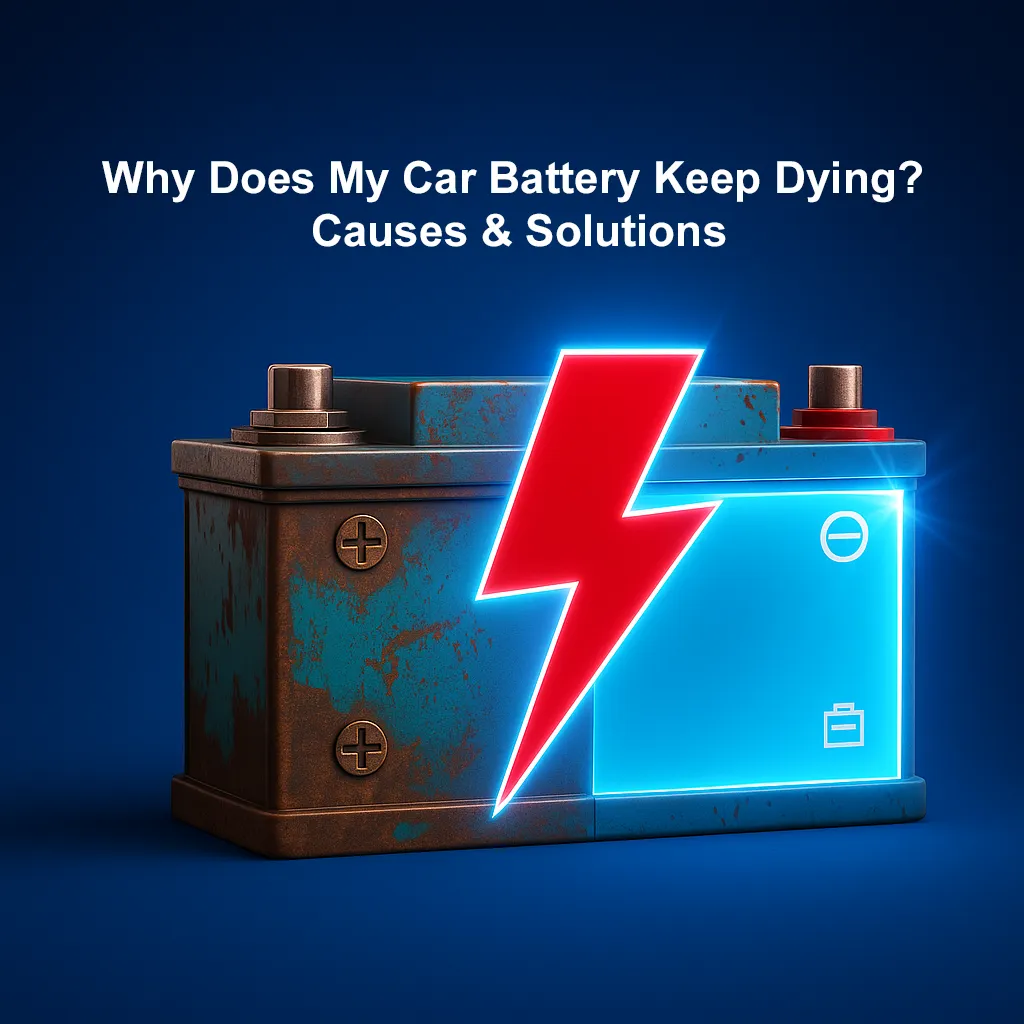 Batería de coche desgastada con un rayo rojo brillante simbolizando fallos eléctricos
