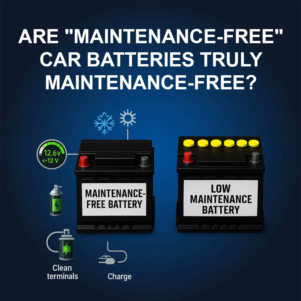 Comparison between a maintenance-free car battery and a low maintenance battery with voltage and charging icons
