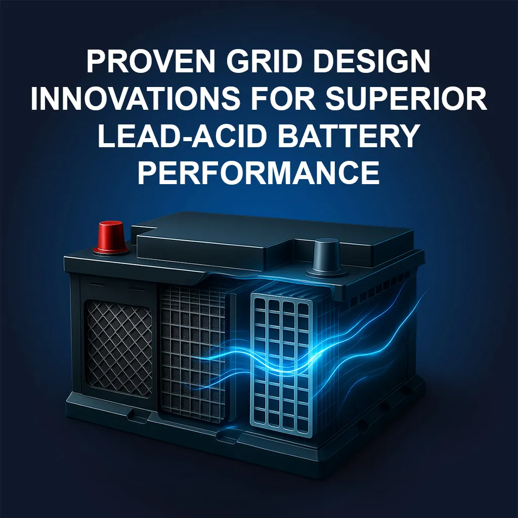 A lead-acid battery showing a detailed internal grid structure with glowing blue energy currents