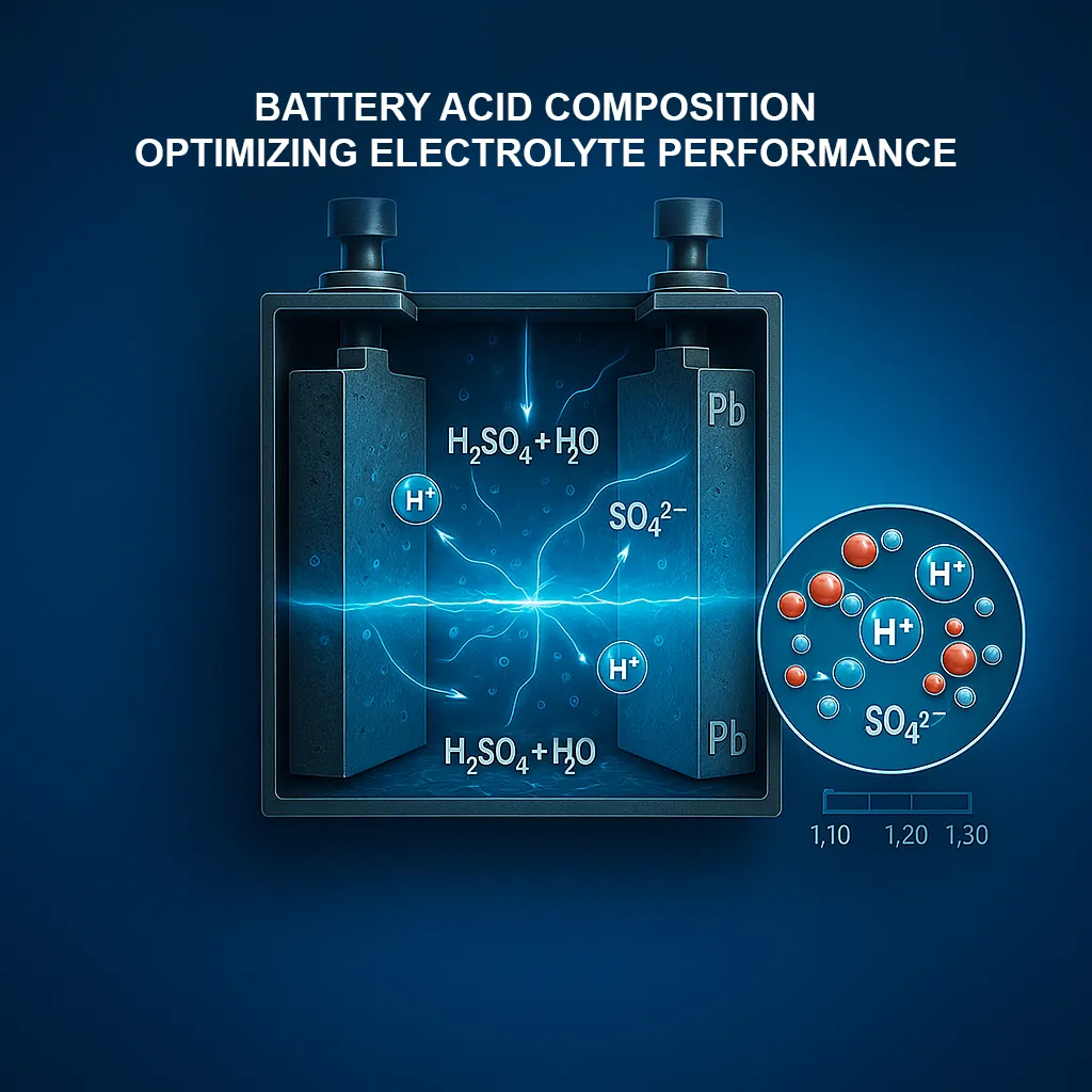 Schematic of a lead-acid battery cell showing H2SO4 and H2O electrolyte with H+ and SO4 2- ions