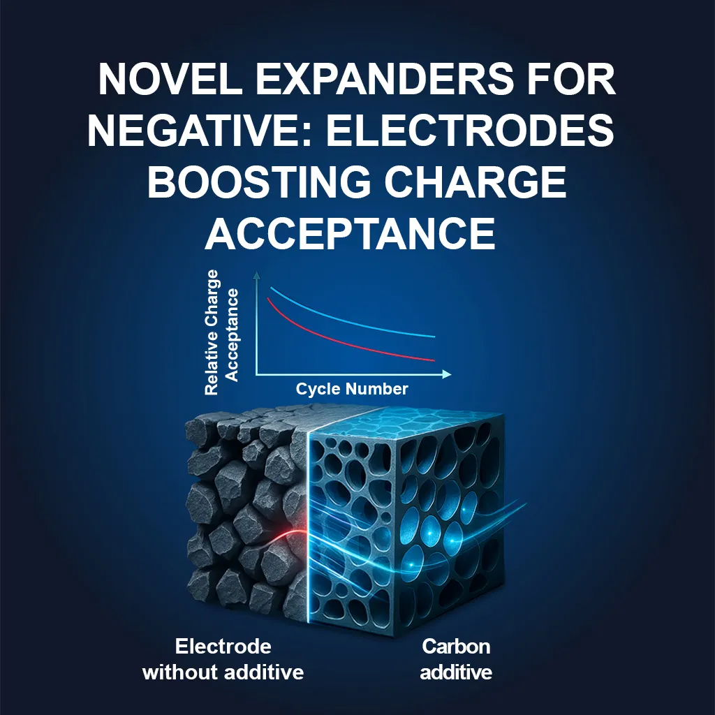 Comparison graph of relative charge acceptance over cycle numbers and a 3D cross-section of an electrode with and without car