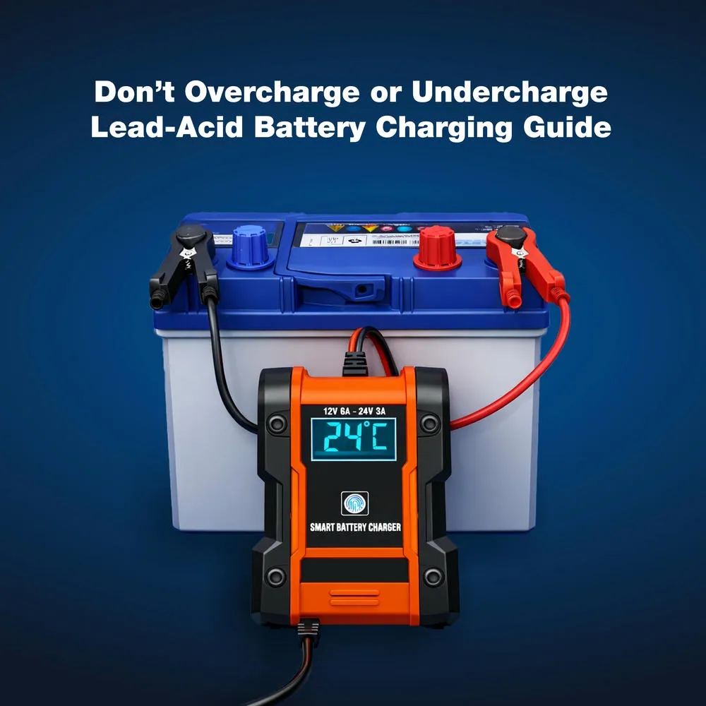 Smart battery charger connected to a lead-acid battery showing a temperature of 24 degrees Celsius