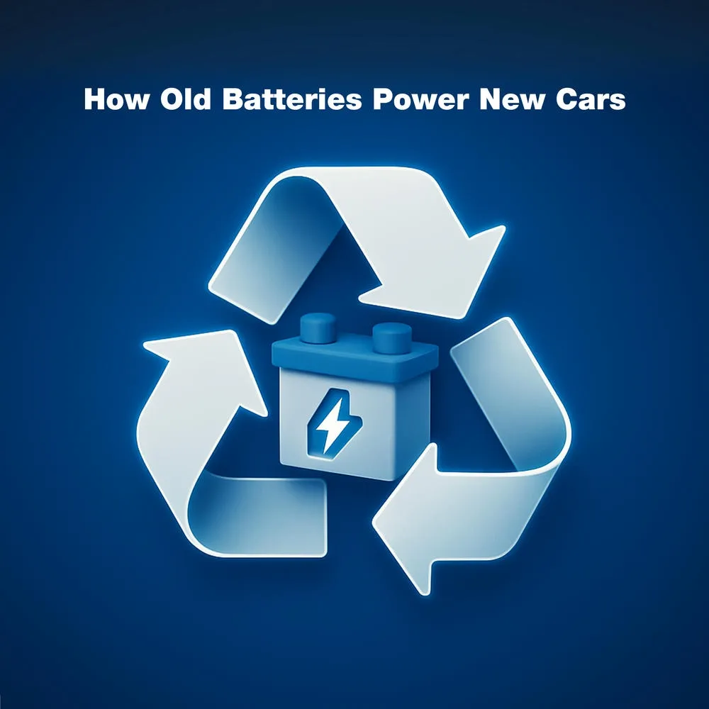 A blue car battery icon centered inside a glowing white recycling symbol on a dark blue background