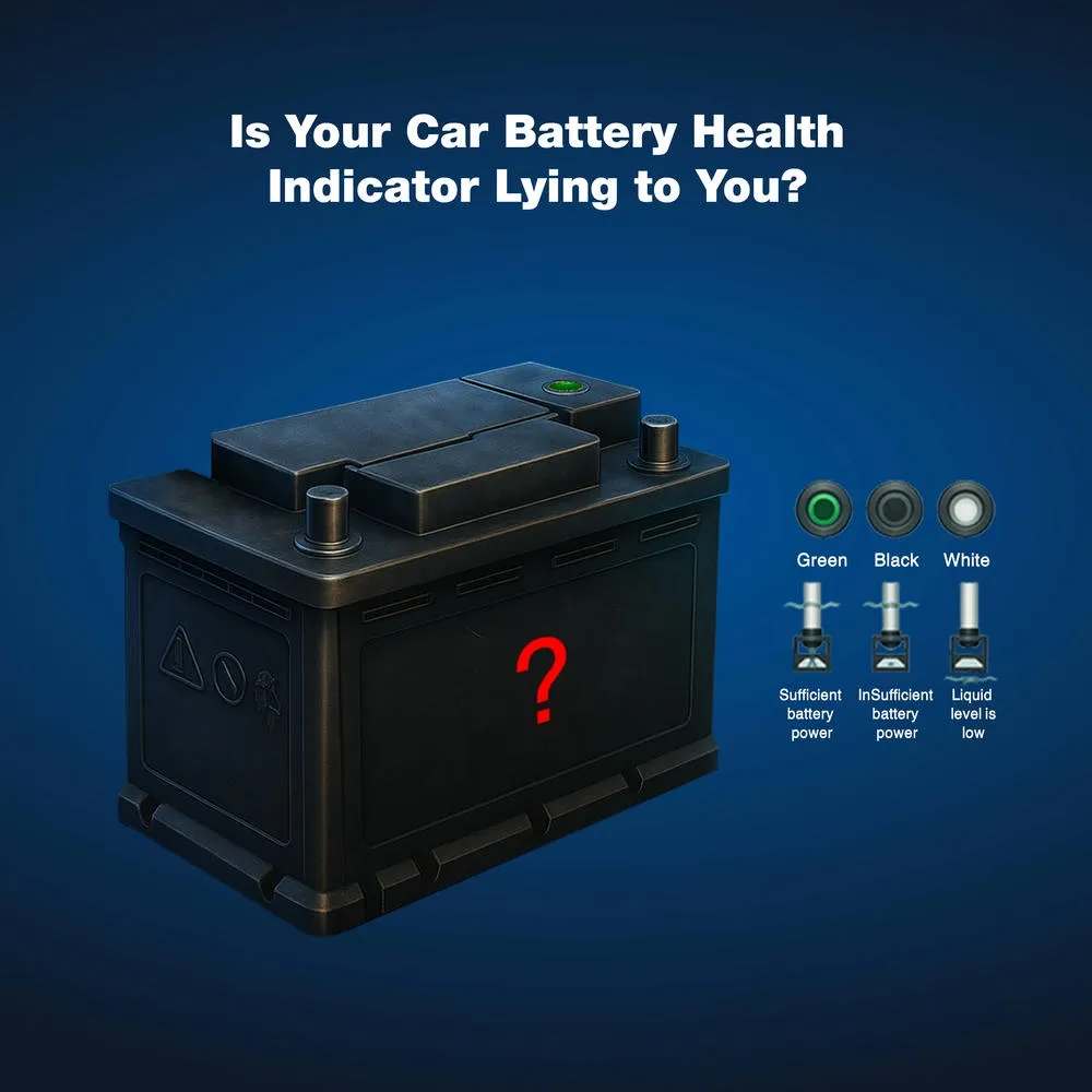A black car battery with a red question mark and a legend explaining green, black, and white indicator lights