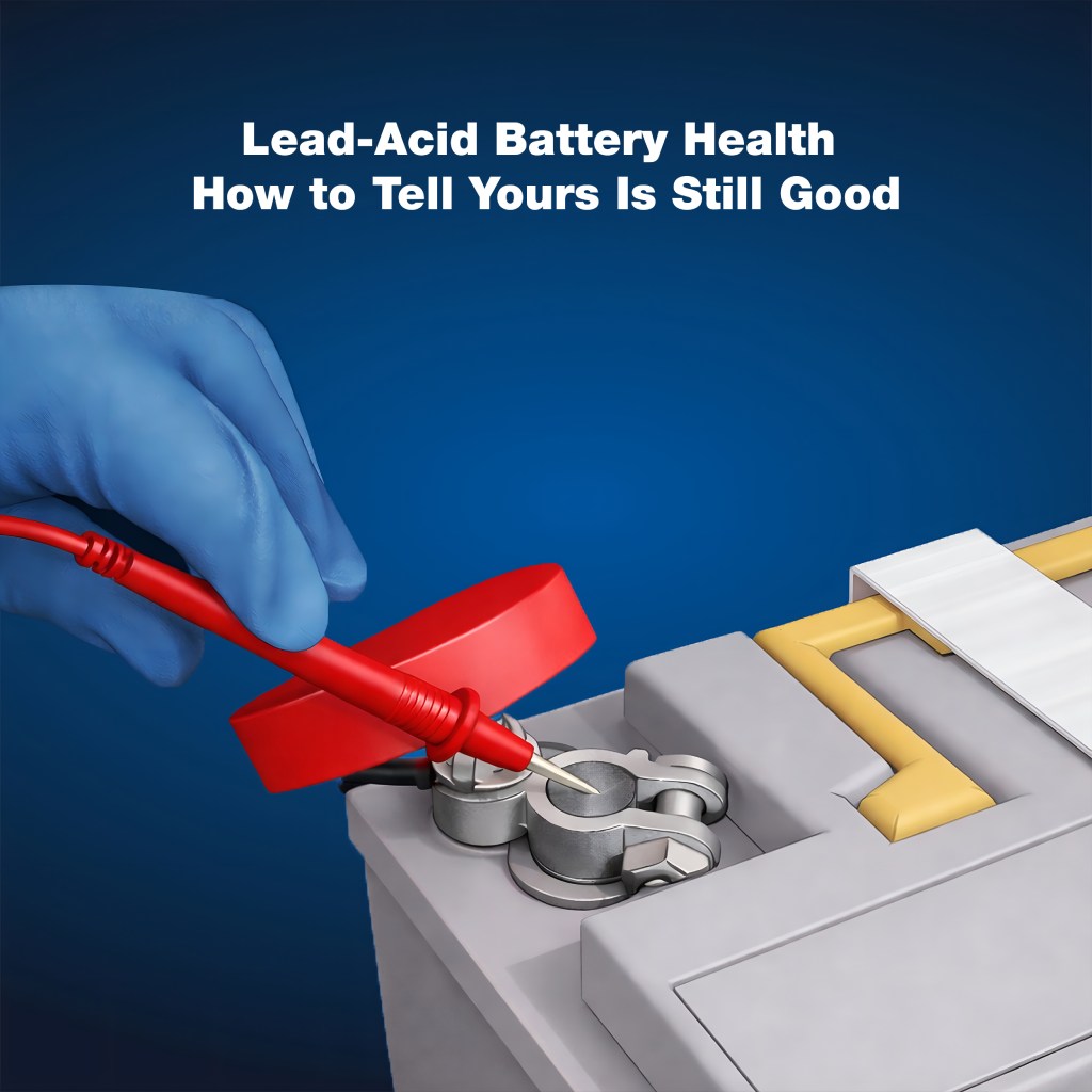 A gloved hand using a red multimeter probe to test the terminal of a lead-acid battery