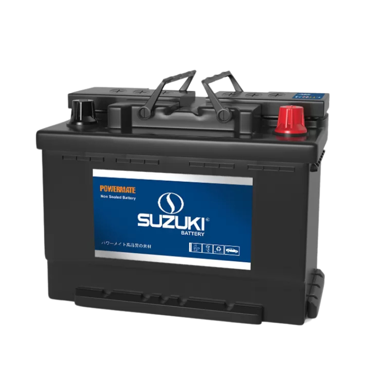 Black Suzuki Powermate non-sealed car battery with red terminal cap and carrying handles