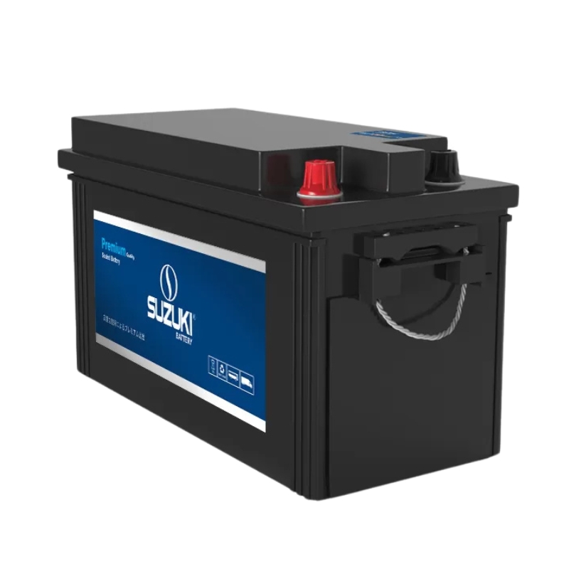 Black Suzuki premium sealed car battery with red and black terminals