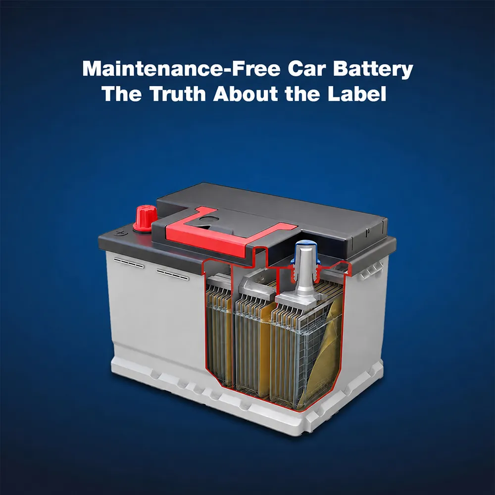 Cross-section diagram of a maintenance-free car battery showing internal plates and cells