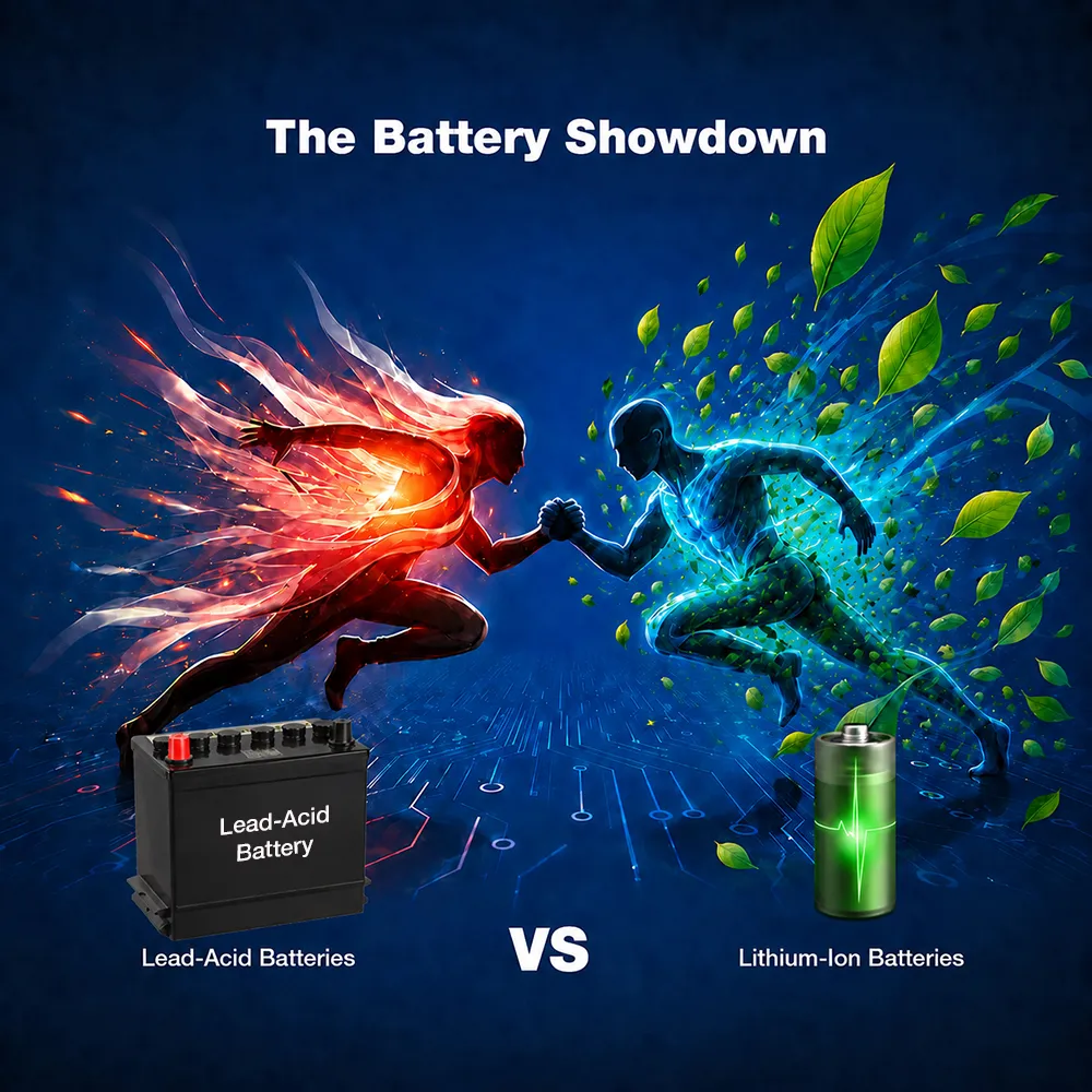 Comparison between a lead-acid battery and a lithium-ion battery with two opposing elemental figures