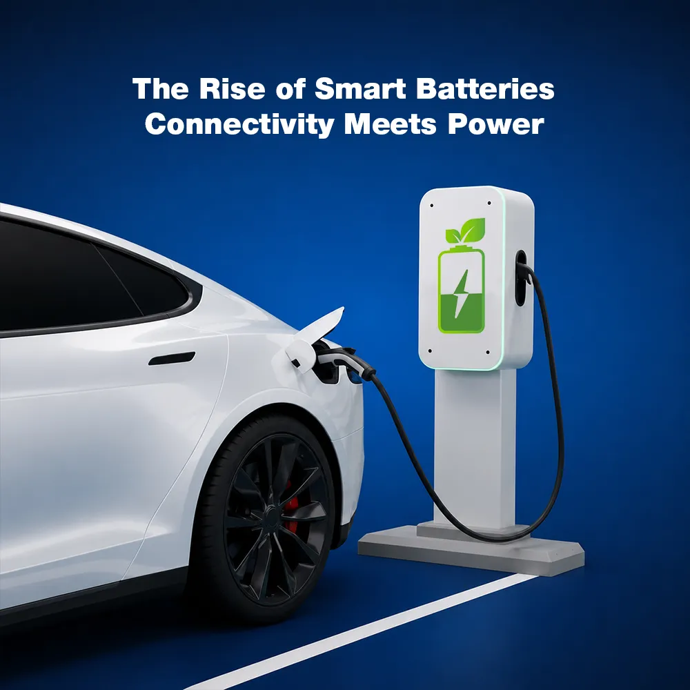 White electric vehicle charging at a smart battery station with a green battery icon
